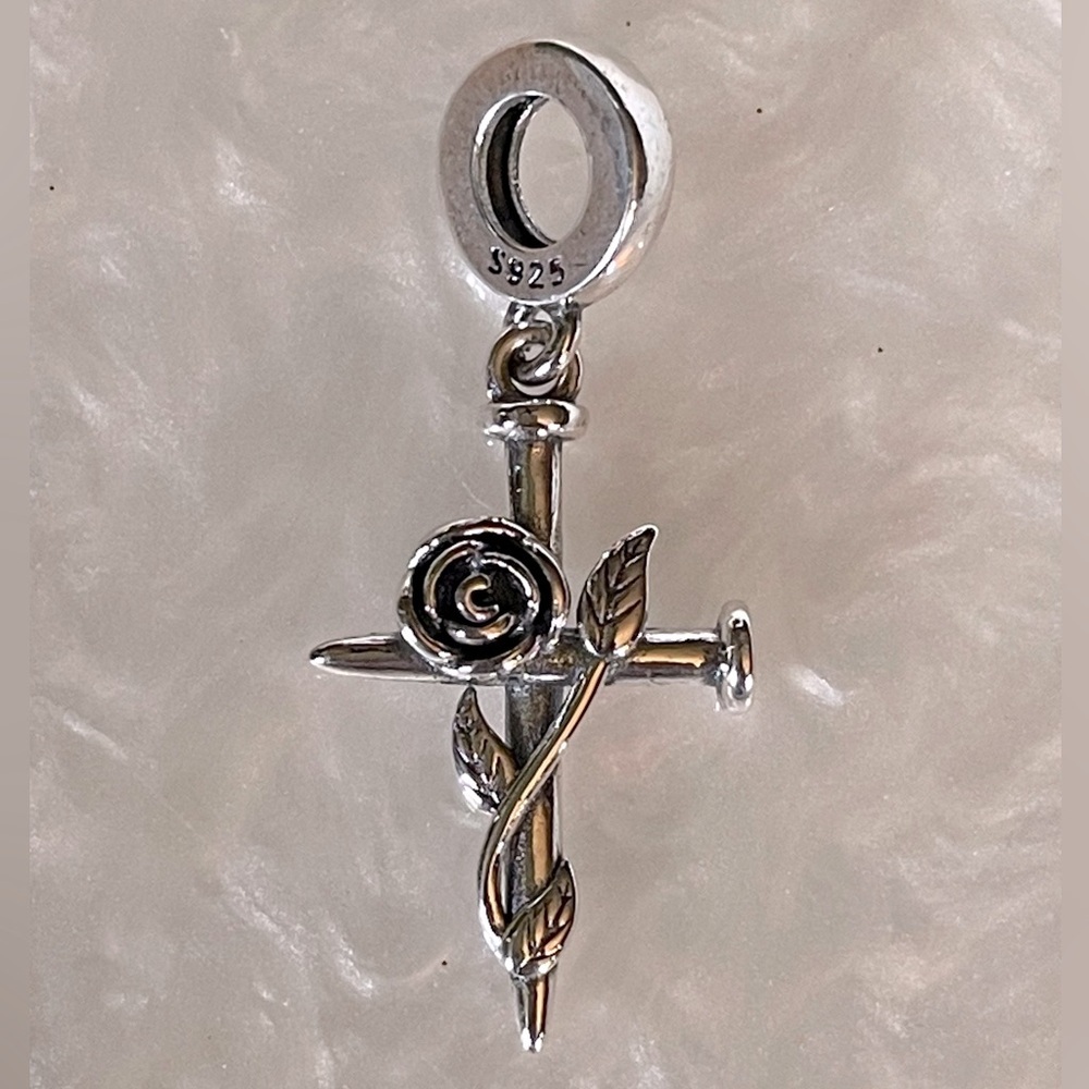 Bracelet Charm Cross Made of Nails and a Rose Sterling Silver